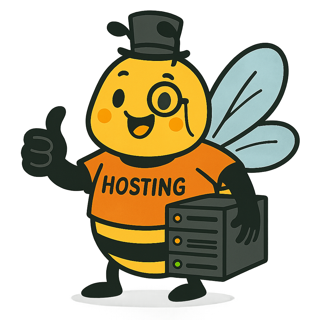Illustration einer freundlichen, stilisierten Biene mit einem Zylinder und Monokel. Die Biene trägt ein orangefarbenes Shirt mit der Aufschrift ‚HOSTING‘, hält einen Server in einer Hand und zeigt mit der anderen den Daumen nach oben. Ihre Flügel sind hellblau, der Hintergrund ist grau.